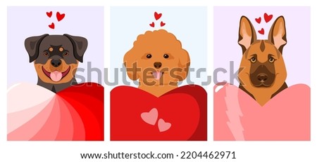 A set of cards with funny dogs and hearts. Cartoon design.