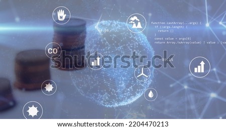 Image of data processing over coins and ecology icons. Global business, finances and digital interface concept digitally generated image.