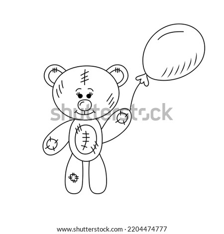 Cute teddy bear with balloon in doodle style. Plush toy. Hand drawn line art vector illustration for coloring book.
