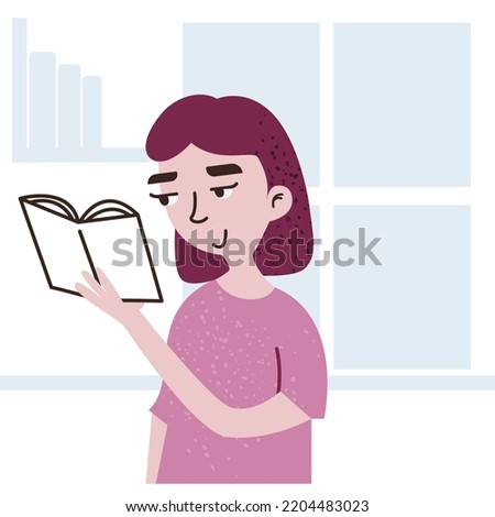 Morning routine illustration. Girl reading the book.