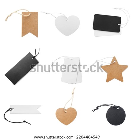Set with different blank tags on white background, top view. Space for text
