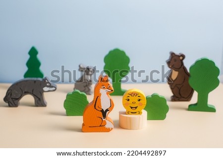 Wooden children's toys in the form of animals. Fairy tale Kolobok, figurines for a home educational performance and role-playing game. For soot-free economical materials for children's games.