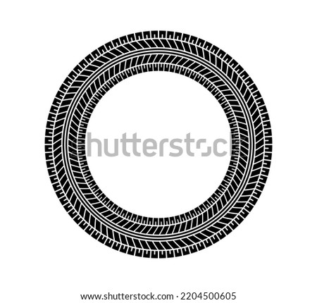 Auto tire tread circle frame. Car and motorcycle tire pattern, wheel tyre tread track print. Black tyre round border. Vector illustration isolated on white background.
