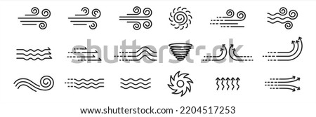 Wind icon set. Winds vector icons set. Wind air movement for weather and forecast symbol. Contains sign of storm, tornado, and breeze. Design graphic in outline style illustration. Royalty-Free Stock Photo #2204517253
