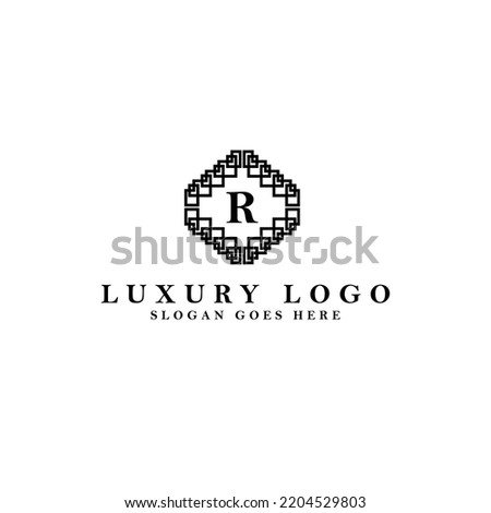 Letter R initial based vector logo. Serif letter logo within complex line art frame. Logo for luxury product, jewelry, fashion, beauty, and company.