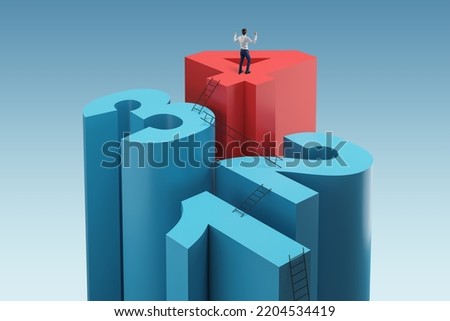 Thoughtful young business man standing on abstract blue and red digit stairs. Progression, development, success and business plan concept Royalty-Free Stock Photo #2204534419