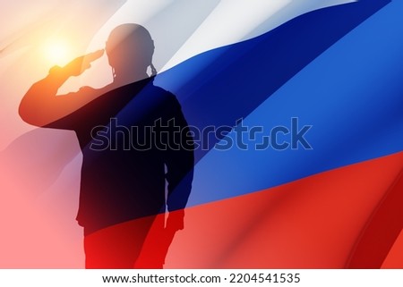 Silhouette of russian soldier in uniforms on background of the Russian flag. Military recruitment concept. 3d rendering.