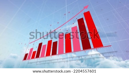 Image of statistical data processing over clouds in the blue sky. Business data and analytics technology concept