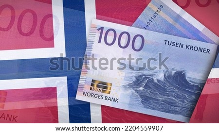 Background of 1000 Norwegian krone Front and back banknote on the Flag of Norway of the background texture, top view Royalty-Free Stock Photo #2204559907