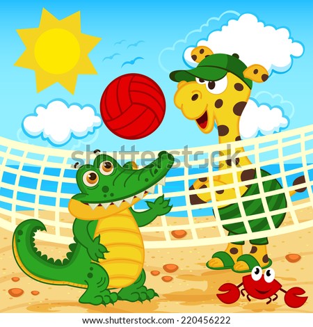 giraffe crocodile playing in beach volleyball - vector  illustration, eps 