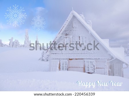 Happy new year card with hut in winter