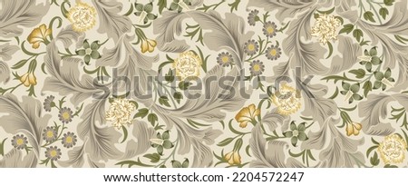 Floral seamless pattern with flowers and foliage on light background. Vector illustration. Royalty-Free Stock Photo #2204572247