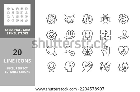 Core values concepts. Thin line icon set. Outline symbol collection. Editable vector stroke. 64 and 256 Pixel Perfect scalable to 128px Royalty-Free Stock Photo #2204578907