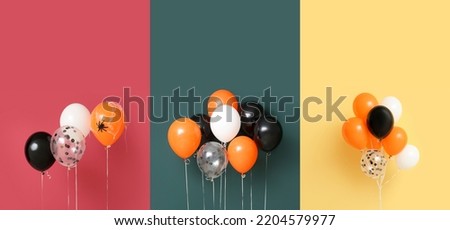 Collage with many balloons on color background. Halloween celebration