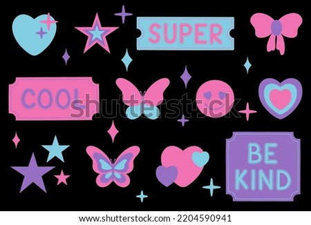Set of cool retro girly stickers. Vector illustration in y2k style.