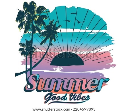 Beach good vibes t shirt design. Summer artwork. Palm tree graphic print for fashion.