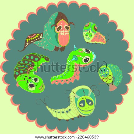 Monster looking caterpillars set, vector characters illustration