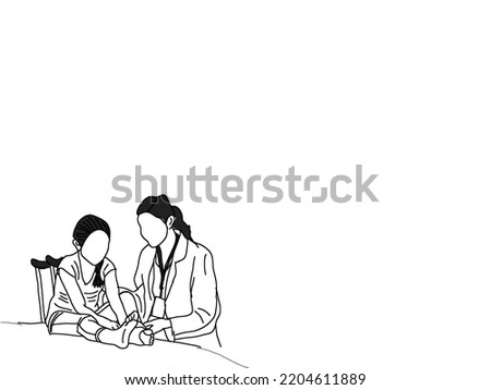 illustration of a doctor caring for and treating a child patient black and white 
