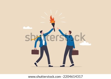 Successor plan, baton pass or transfer to new chosen leader, change new CEO or collaboration to achieve goal and win business competition concept, smart businessman leader passing torch to successor.