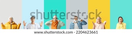 Set of people with clothespins on their noses against color background
