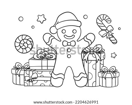 Gingerbread man with gift boxes and peppermint candy cane outline line art doodle cartoon illustration. Winter Christmas theme coloring book page activity for kids and adults. Royalty-Free Stock Photo #2204626991