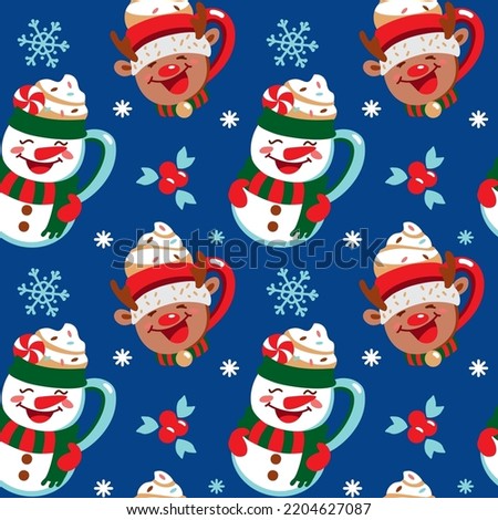 Christmas cups in the shape of a snowman and deer on blue background. Seamless pattern. Vector.
