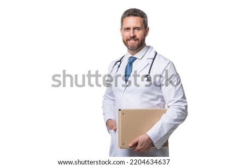 happy physician with folder. physician isolated on white. physician hold medical record. copy space