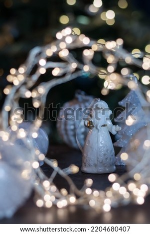 christmas new year tree decorations Santa Claus with bokeh and lights