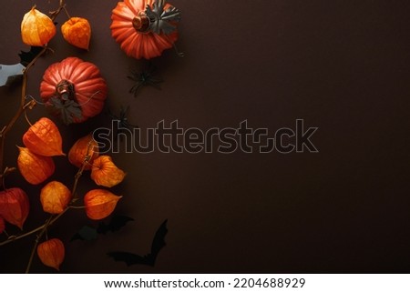 Halloween background. Flock of black bats and branch of dry orange flowers for Halloween. Black paper bat silhouettes on brown or dark background. Autumn decoration. Halloween concept. Top view.