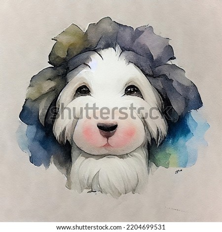 Old English Sheepdog. Adorable puppy dog. Watercolor illustration with color spots. All dog breeds