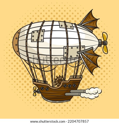 airship steampunk pinup pop art retro raster illustration. Comic book style imitation.