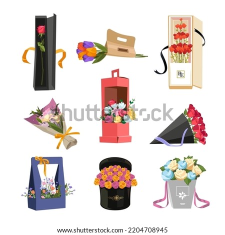 Bouquets of flowers in gift boxes cartoon illustration set. Gorgeous roses and tulips wrapped in beautiful package. Flower delivery, transportation, service, surprise concept