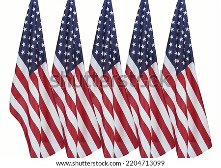 US, USA, Multiple United States or American flag poles isolated on white background