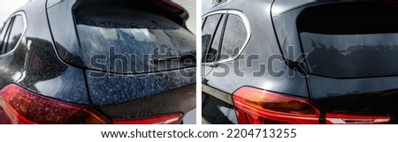 Modern black automobile before and after car washing outdoor. Royalty-Free Stock Photo #2204713255