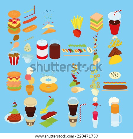 a set of different fast foods on a blue background