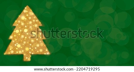 Christmas or New Year decoration, greeting card, frame, border. Holiday Sale Banner. Golden Christmas tree  on dark green background. Minimal creative concept. Christmas  lights.    