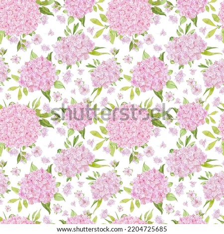 Seamless pattern with pink hydrangea and green leaf. Watercolor ornament