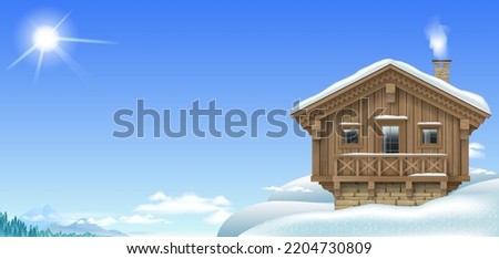 Alpine chalet house in the snowy mountains. Ski resort banner background. Hotel