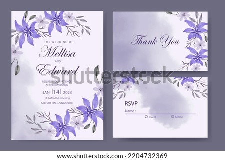 a wedding invitation template with purple watercolor flower