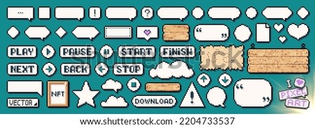 Pixel art frames. Retro game UI play buttons, speech bubbles messages and quote frames vector set Royalty-Free Stock Photo #2204733537