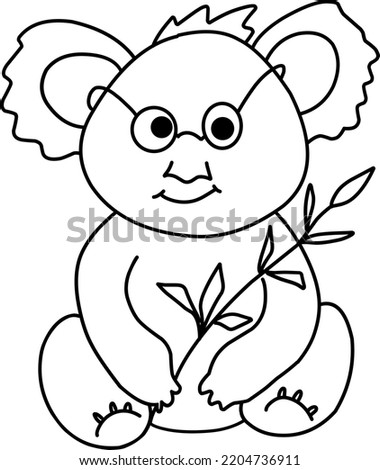koala with glasses illustration, twig in hand. Hand-drawn doodles illustration. Line art. Icon