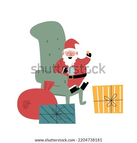 Cheerful Santa Claus is sitting in a cozy armchair drinking tea or milk with cookies. Bags of gifts. Christmas vector illustration isolated on a white background. Flat hand drawing style