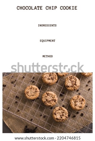 Composition of chocolate chip cookie text with cookies on white background. Infographic maker concept digitally generated image.