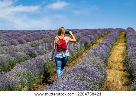 A female taking pictures in the lavender field on a sunny summer day