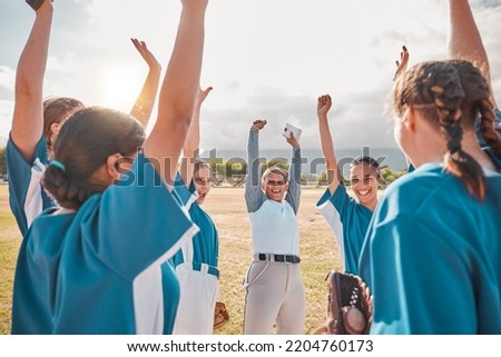 Women, baseball team and coach in success, winner or wow celebration in game motivation on fitness field. Smile, happy or excited sports girls in collaboration exercise, teamwork training or exercise