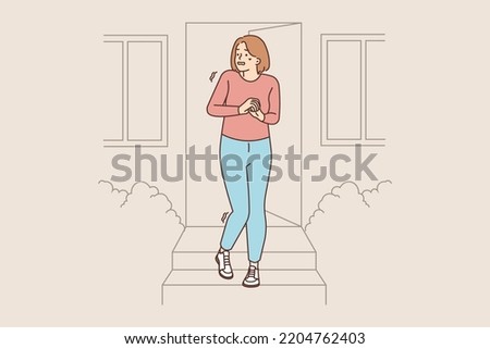 Anxious young woman leave house feel panic attack suffer from sociophobia. Unhealthy worried girl struggle with mental psychological problems. Vector illustration. 