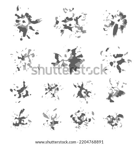 Ink prints of marigold flower petals. Black inky blots collection. Handmade set of formless imprints, stains, splashes and spots. Decorative elements pack for creatives. EPS8 vector illustration.