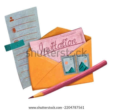 An envelope with an invitation card, some post stamps, a pencil, and an address book page in a cartoon style isolated on white background
