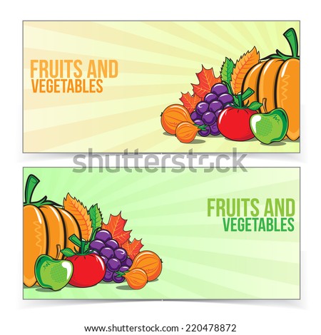 Autumn banner set with fruits and vegetables. Bright colorful composition and place for text. Eps 10 vector illustration.