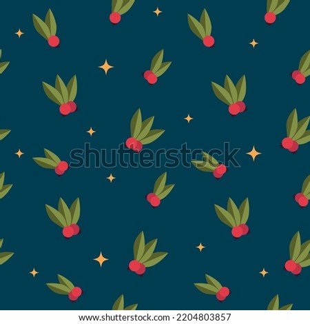 Seamless pattern with Holly. Christmas pattern with cute elements. Vector illustration in flat style, beautiful Christmas plants